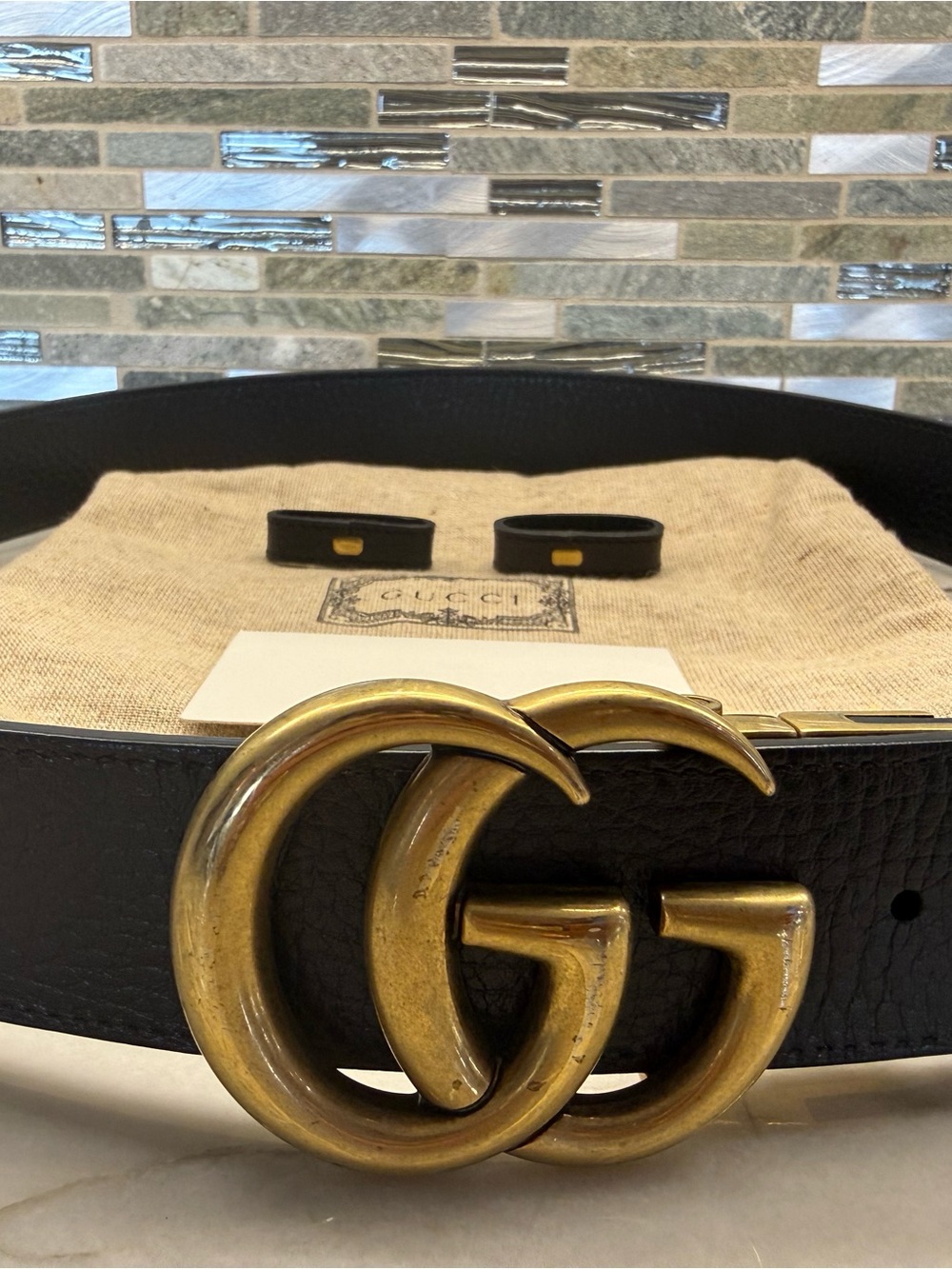 Gucci Black/Brown reversible Leather Belt with Aged Gold Double G Buckle